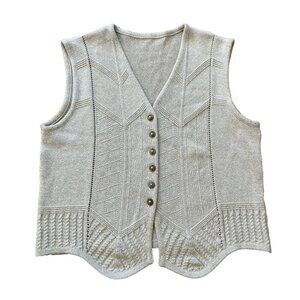 Women's Beige Knitted Sweater Vest Button Front Textured Cable Knit